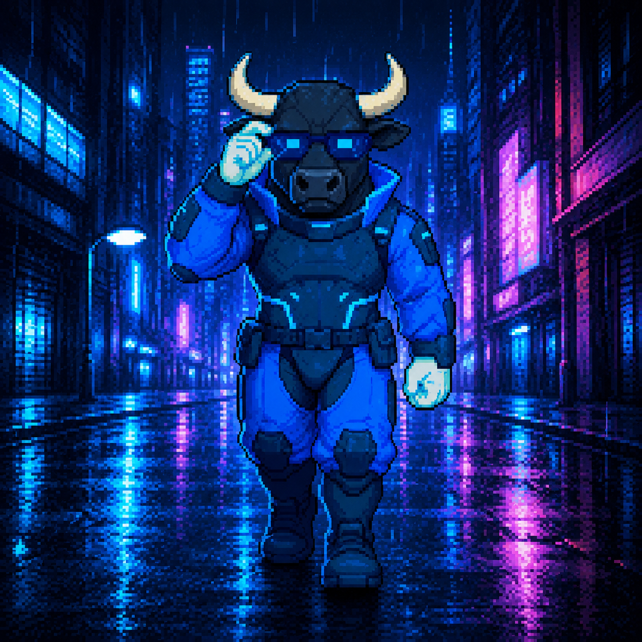CyberBull walking a rain-slick neon street