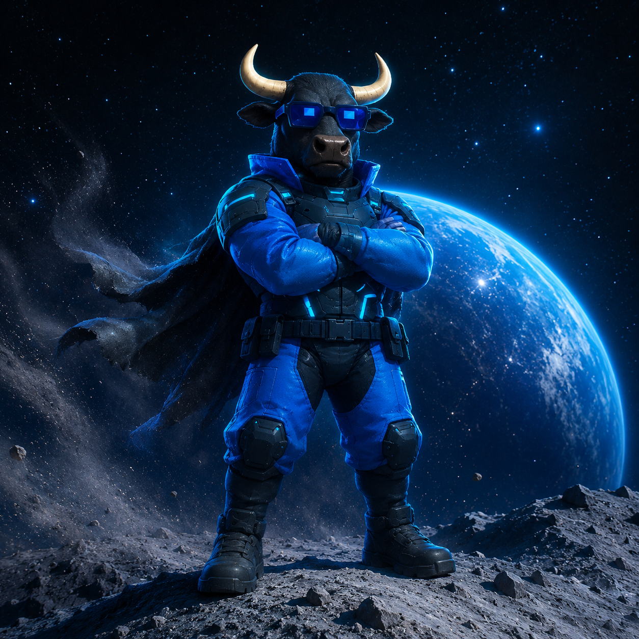 CyberBull standing on a moon with a blue planet behind him