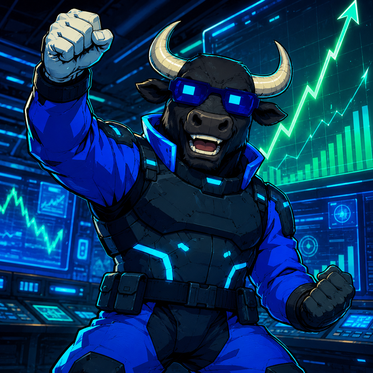 CyberBull celebrating on the trading floor