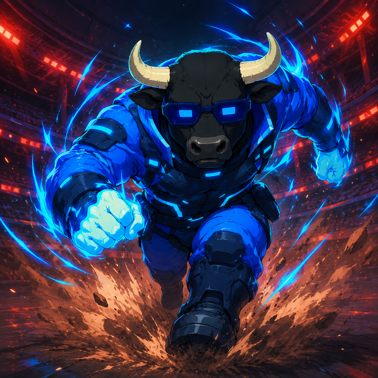 CyberBull charging through an arena